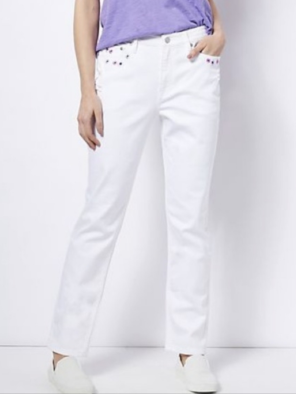 Candace Cameron Bure White Straight-Leg Jeans with Embroidered Flowers Size 22WP